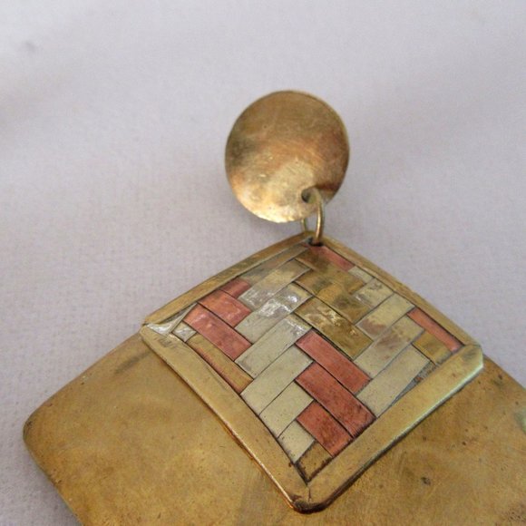 Brass, copper & silver toned basketweave earrings - Picture 6 of 7